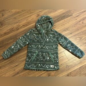 Women’s The North Face pullover. Fleece. Green, gray & cream print. Zipper 3/4
